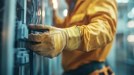 A hardworking industrial worker dressed in safety gear operates machinery with precision, showcasing the dedication and focus required in the manufacturing industry.