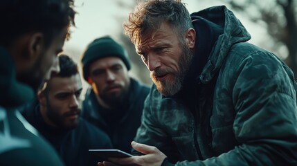 Fototapeta premium A focused coach, surrounded by attentive players, discussing strategies on a brisk day, highlighting teamwork, communication, and tactical knowledge.