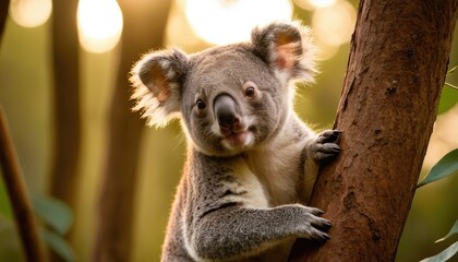 A charming koala sits calmly on a tree branch, surrounded by vibrant green foliage and warm light, showcasing its adorable features in a peaceful forest setting