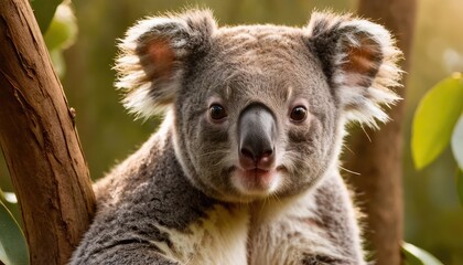 Naklejka premium A charming koala sits calmly on a tree branch, surrounded by vibrant green foliage and warm light, showcasing its adorable features in a peaceful forest setting