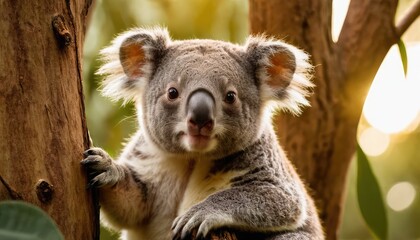Obraz premium A charming koala sits calmly on a tree branch, surrounded by vibrant green foliage and warm light, showcasing its adorable features in a peaceful forest setting