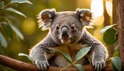 Fototapeta premium A charming koala sits calmly on a tree branch, surrounded by vibrant green foliage and warm light, showcasing its adorable features in a peaceful forest setting
