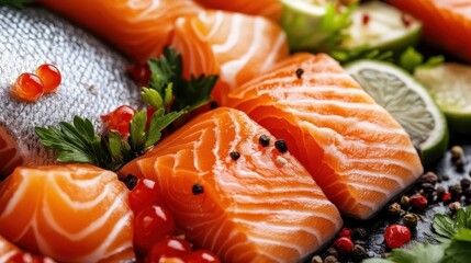 Delicately sliced fresh salmon, garnished with herbs and fruits, is artfully arranged, showcasing culinary finesse and inviting flavors for a gourmet experience.