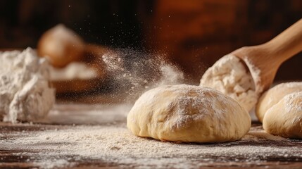 Obraz premium A scene showing a ball of dough on a floured surface with more flour being sprinkled from a wooden scoop, capturing the essence of traditional bread making.