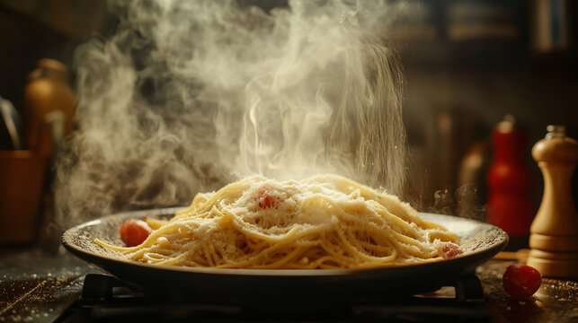 Espaguete Italiano com ervas , queijo e tomate fumegando sobre uma mesa.