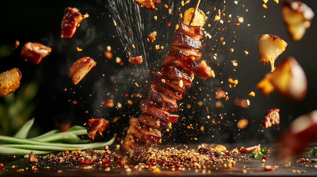 Espeto de carne grelhada saltando em uma mesa.  churrasquinho de de frango e porco, com farofa