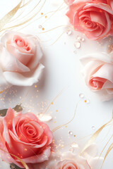 Composição plano de fundo de rosas  com detalhes dourados e gliter em um fundo branco