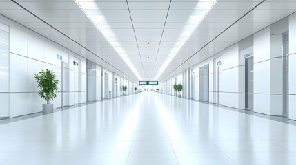 Modern White Corridor, Architectural Design with Clean Lines and Bright Illumination, Enhancing Spaciousness and Tranquility