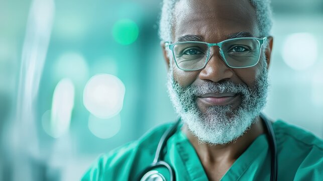 A doctor wearing glasses and green scrubs smiles warmly, creating a reassuring atmosphere within a hospital environment, embodying professionalism and care.