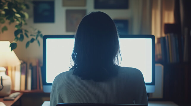 Foto por cima do ombro de uma jovem usandoo computador com a tela branca e vazia 