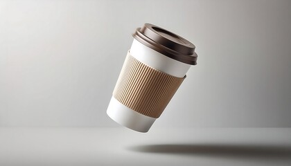 Floating takeout coffee cup mockup with paper sleeve against soft light background. Generative AI