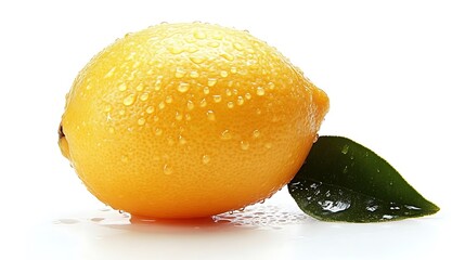 A dewy yellow lemon rests beside a green leaf