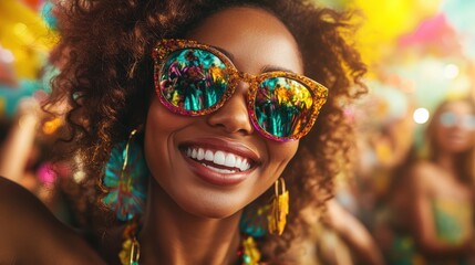 Obraz premium A smiling woman with curly hair and glittery sunglasses at a colorful festive setting, embodying joy and enthusiasm as vibrant reflections fill her glasses.