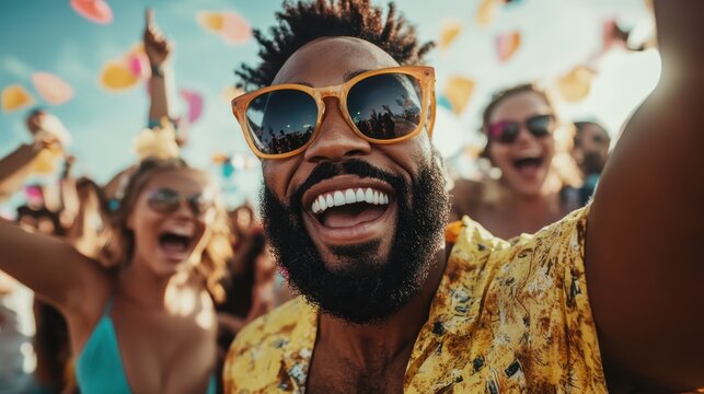 A cheerful man with sunglasses enjoys a lively outdoor festival, surrounded by friends and colorful decorations, epitomizing a carefree and happy moment.