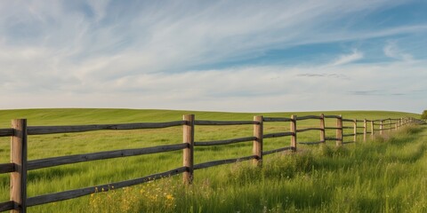 Fototapeta premium Stunning wooden ranch fence enclosing expansive pastoral field in scenic rural countryside landscape
