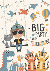 Cartoon holiday card for little boy. Happy Birthday
