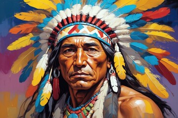 Fototapeta premium Abstract vintage oil painting portrait of a native american man with headdress decoration, people and culture, tradition, history theme concept. 