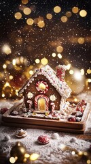 Charming gingerbread house surrounded by sugary snow and warm lights
