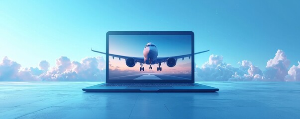 Laptop screen showing airplane taking off against a clear blue sky