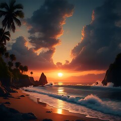 Tropical paradise sunset, dramatic cloudy sky