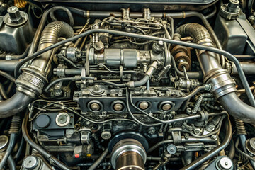 A detailed view of a complex automotive engine, showcasing intricate mechanical components and wiring.