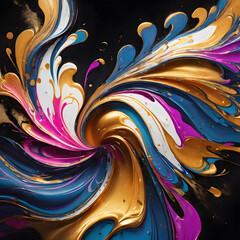 Vibrant abstract flower with golden accents in colorful swirling patterns and dynamic gradient background, digital art style