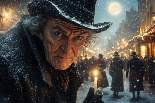 Vintage movie poster of A Christmas Carol with snowy street scene