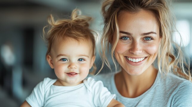 A young mom holds her happy baby, both wearing casual outfits, enjoying a moment in a modern leisure facility, exemplifying joy and cherished moments together.