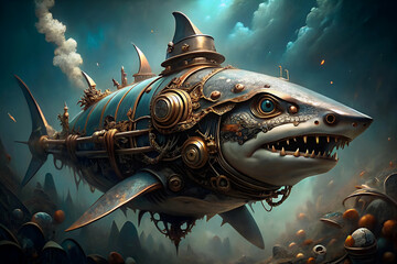 Naklejka premium A steampunk-inspired shark, featuring gears and steam elements, swims through an underwater scene, blending fantasy with mechanical aesthetics.
