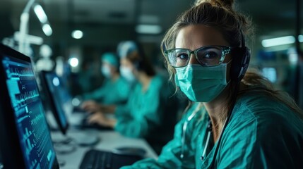 Fototapeta premium A dedicated surgeon in green scrubs, glasses, and mask focuses intently on a task in a busy operating room, highlighting the seriousness of medical work.