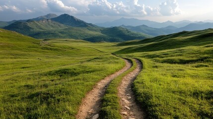 A stunning mountain landscape featuring a lush green terrain and a winding dirt road leading towards distant peaks under a partly cloudy sky.