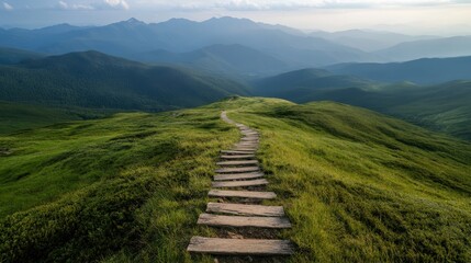 A captivating scene of a wooden path stretching over rolling hills, flanked by vibrant greens and leading to majestic mountains under a gentle sky.