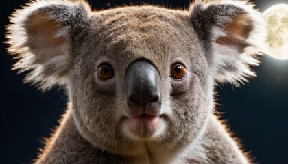 Naklejka premium A detailed close-up of a koala's face, with its curious gaze and fluffy features, perfectly illuminated, emphasizing the beauty of this iconic Australian animal