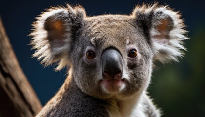 Obraz premium A stunning close-up of a koala, with soft fur, large ears, and expressive eyes, standing out vividly against a dark background, creating an intimate wildlife portrait