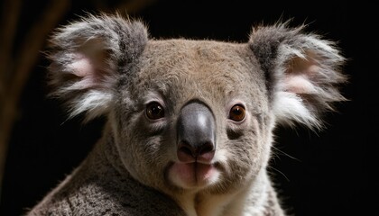 Naklejka premium A stunning close-up of a koala, with soft fur, large ears, and expressive eyes, standing out vividly against a dark background, creating an intimate wildlife portrait