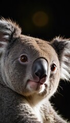 Obraz premium A close-up portrait of a koala with fluffy ears and bright brown eyes, its soft fur highlighted against a dark background, showcasing intricate details of this adorable marsupial