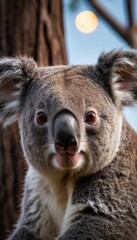 Obraz premium A close-up portrait of a koala with fluffy ears and bright brown eyes, its soft fur highlighted against a dark background, showcasing intricate details of this adorable marsupial