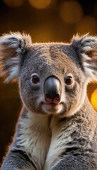 Obraz premium A close-up portrait of a koala with fluffy ears and bright brown eyes, its soft fur highlighted against a dark background, showcasing intricate details of this adorable marsupial