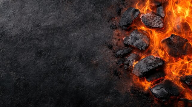 Bright orange flames engulf dark charcoal rocks on the right side, set against a textured, nearly black background, creating a dramatic visual effect.