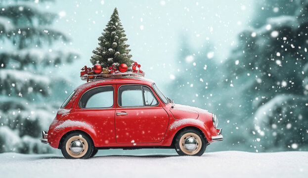 ilustracion 3d de un coche en miniatura retro rojo, llevando un &aacute;rbol de navidad decorado en su techo y cajas de regalos. sobre fondo desenfocado de bosque nevado y cielo verdoso con copos de nieve