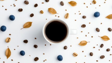 Obraz premium A top-down view of a cup of black coffee, artfully surrounded by blueberries, coffee beans, and small decorative leaves, set against a white surface.