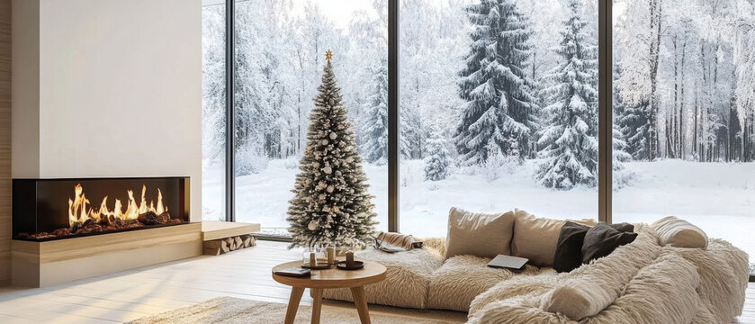 Amplion salon de estar de una casa en la monta&ntilde;a con vistas a un bosque nevado con abetos. El interior est&aacute; decorado en tonos beiges suaves con chimenea encendida y arbol navide&ntilde;o