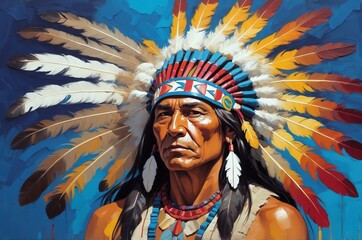 Fototapeta premium Abstract vintage oil painting portrait of a native american man with headdress decoration, people and culture, tradition, history theme concept. 