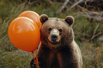 Fototapeta premium Brown bear with orange balloons