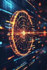 Fototapeta premium A glowing dartboard icon surrounded by business data, symbolizing online marketing platforms, targeted advertising tools, and business strategy analytics. 