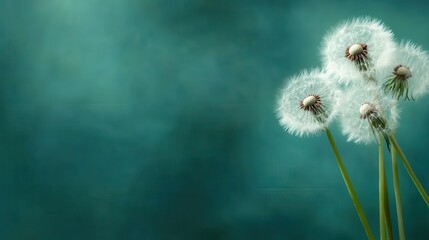 This image captures whimsical dandelions with fragile, wispy seeds poised delicately against a blurred teal background, symbolizing the fleeting nature of life.