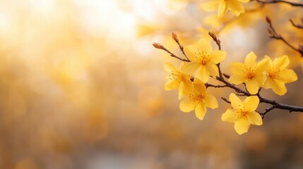 Obraz premium A close-up of vibrant yellow flowers with delicate petals on a branch, set against a softly blurred golden background, conveying a sense of tranquility and warmth.