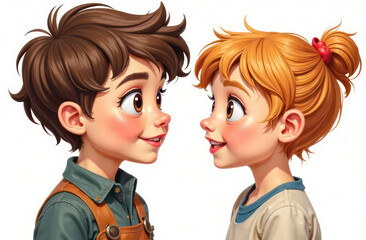 girl and boy looking at each other on white background