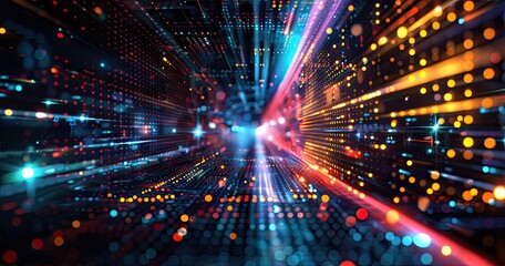 Fototapeta premium Abstract digital landscape with vibrant lights and dynamic lines suggesting movement and energy.