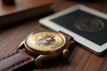 vintage bitcoin watch lies open wooden table photo taken